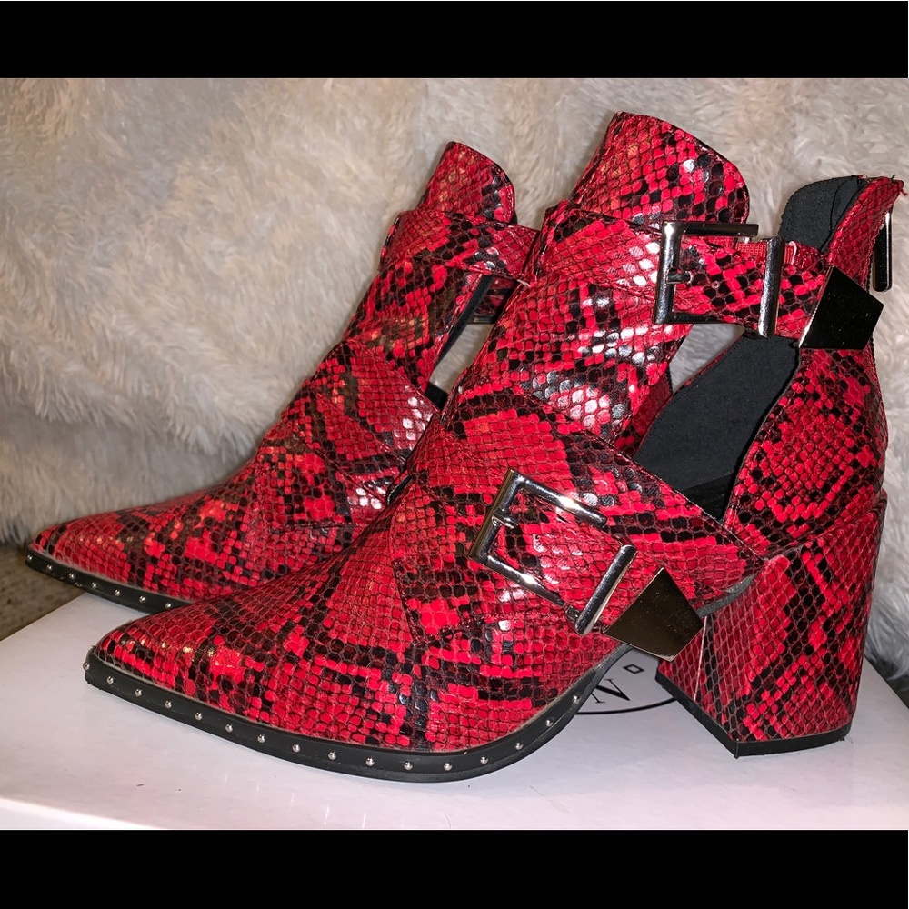 Red snakeskin booties